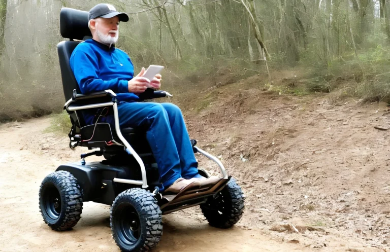 A man is in a tracked wheel chair driving his wheel chair in a track in a jungle.