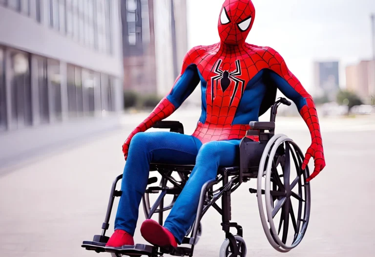 A wheel chair spiderman is in the wheel chair who rides a wheel chair.