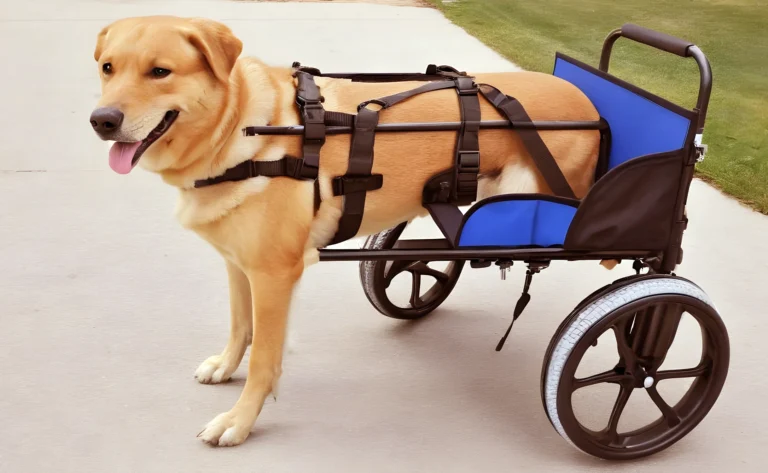 A large dog wheel chair for back legs of the dog is shown in the picture.