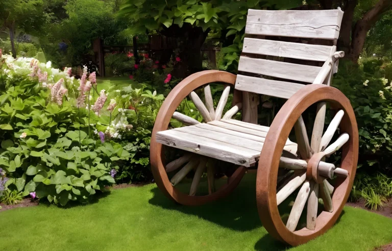 A rustic wooden wagon wheel chair with unique armrests, positioned in a lush garden setting surrounded by blooming flowers and green foliage.