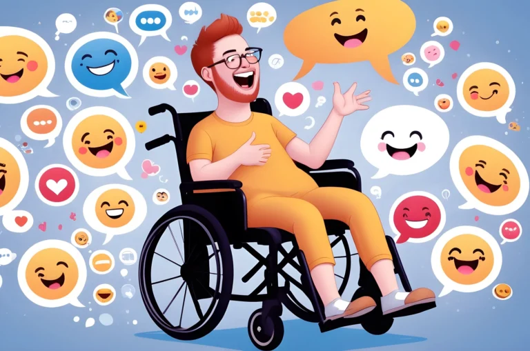 A humorous digital illustration depicting a person in a wheelchair with a playful expression, surrounded by speech bubbles containing funny quotes and emojis, symbolizing the concept of wheel chair memes and humor in disability representation.