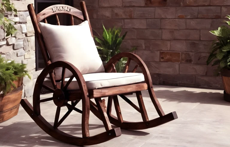Rustic-style wagon wheel rocking chair with wooden frame, wide seat, and contoured backrest, ideal for outdoor and indoor relaxation.