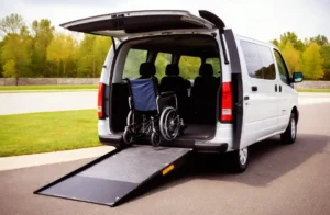 A wheelchair-accessible van with a ramp, demonstrating non medical wheelchair transport services for individuals with mobility challenges.
