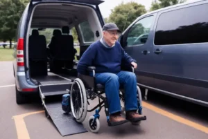 A wheelchair user comfortably boarding a vehicle with a ramp, illustrating medical wheelchair transport services for individuals with mobility needs.
