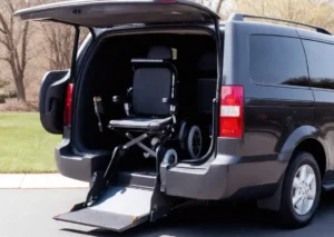 An electronic wheel chair lift for vehicle attached to the side of a vehicle, designed to assist individuals in safely entering and exiting the vehicle while seated in a wheelchair.